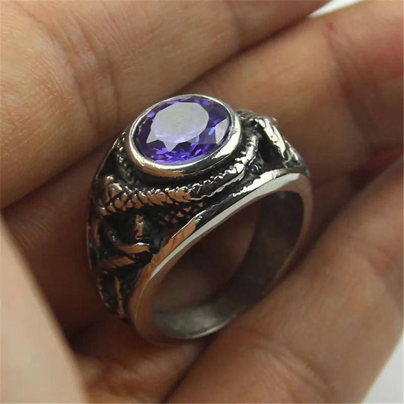 Purple Cz Crystal Gem Snake Fashion Men's 316L Stainless Steel Biker Ring Men's Jewelry