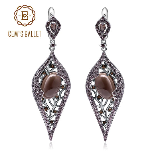 GEM'S BALLET Natural Smoky Quartz Long Earrings 925 Sterling Sliver Vintage Gothic Punk Drop Earrings For Women Party Jewelry