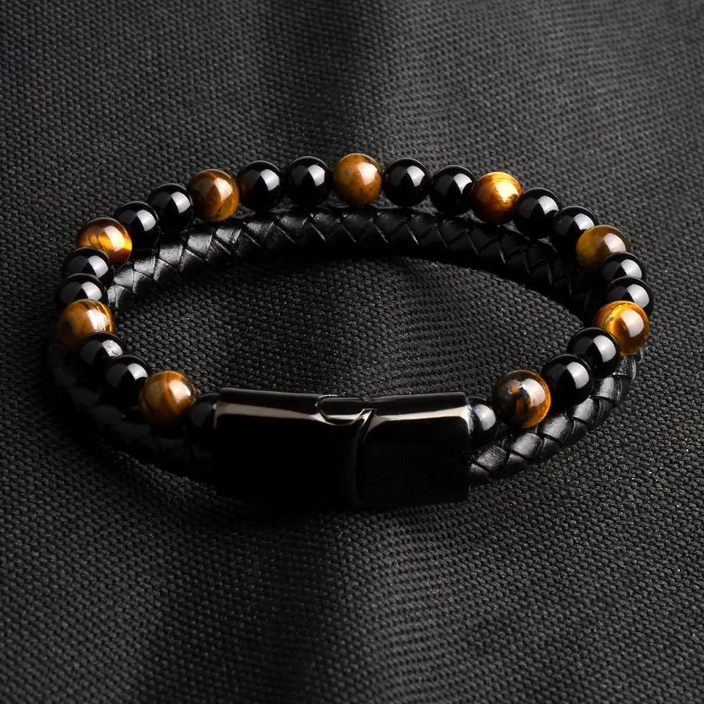 Natural Stone Bracelet Genuine Leather Braided Bracelets Black Stainless Steel Magnetic Clasp Tiger eye Bead Bangle Men Jewelry