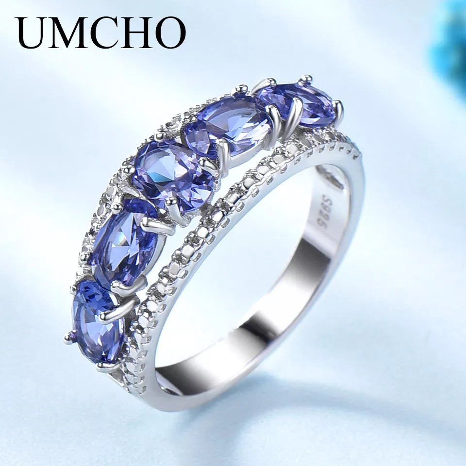 UMCHO 3.0ct Blue Sapphire Tanzanite Rings For Women Engagement Fine Jewelry Genuine Solid 925 Sterling Silver Ring Fine Jewelry