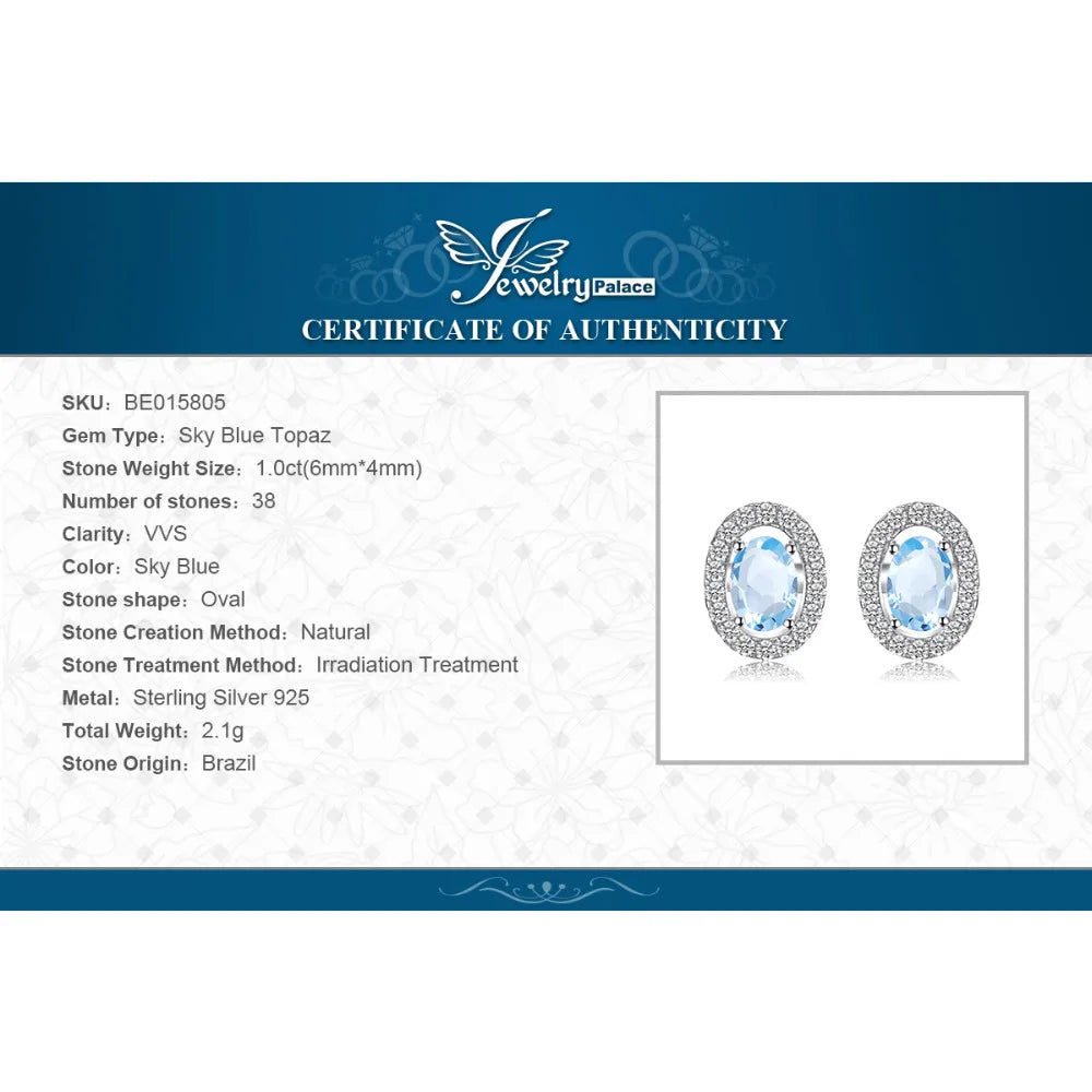JewelryPalace Oval 1ct Natural Sky Blue Topaz 925 Sterling Silver Stud Earrings for Women Fashion Gemstone Jewelry Party Gifts