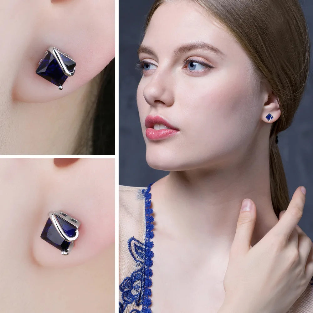 JewelryPalace Square 2.8ct Created Blue Sapphire 925 Sterling Silver Stud Earrings for Women Gemstone Fine Jewelry Birthday Gift