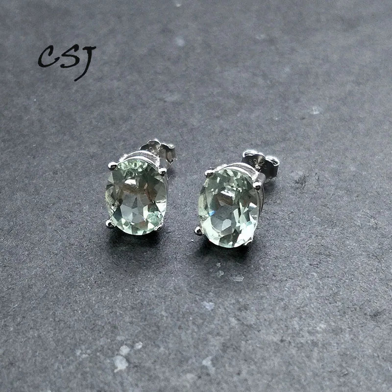 CSJ 925 Sterling Silver Fine Jewelry Real Natural Green Amethyst simple good Earring Women Lady Wedding Engagment Party Gift