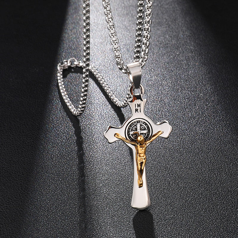 INRI Jesus Cross Necklaces Pendants Stainless Steel Exorcism St. Benedict Crucifix Necklace For Men Jewelry silver color