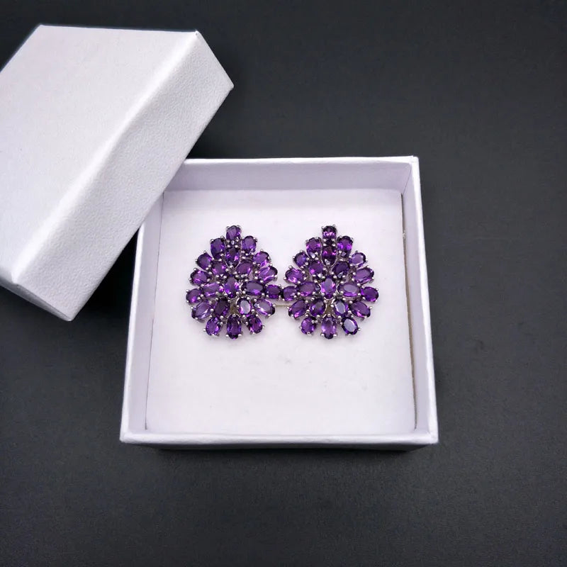 New style flower shape natural gemstone African amethyst clasp earrings 925 sterling silver fine jewelry for women daily wear