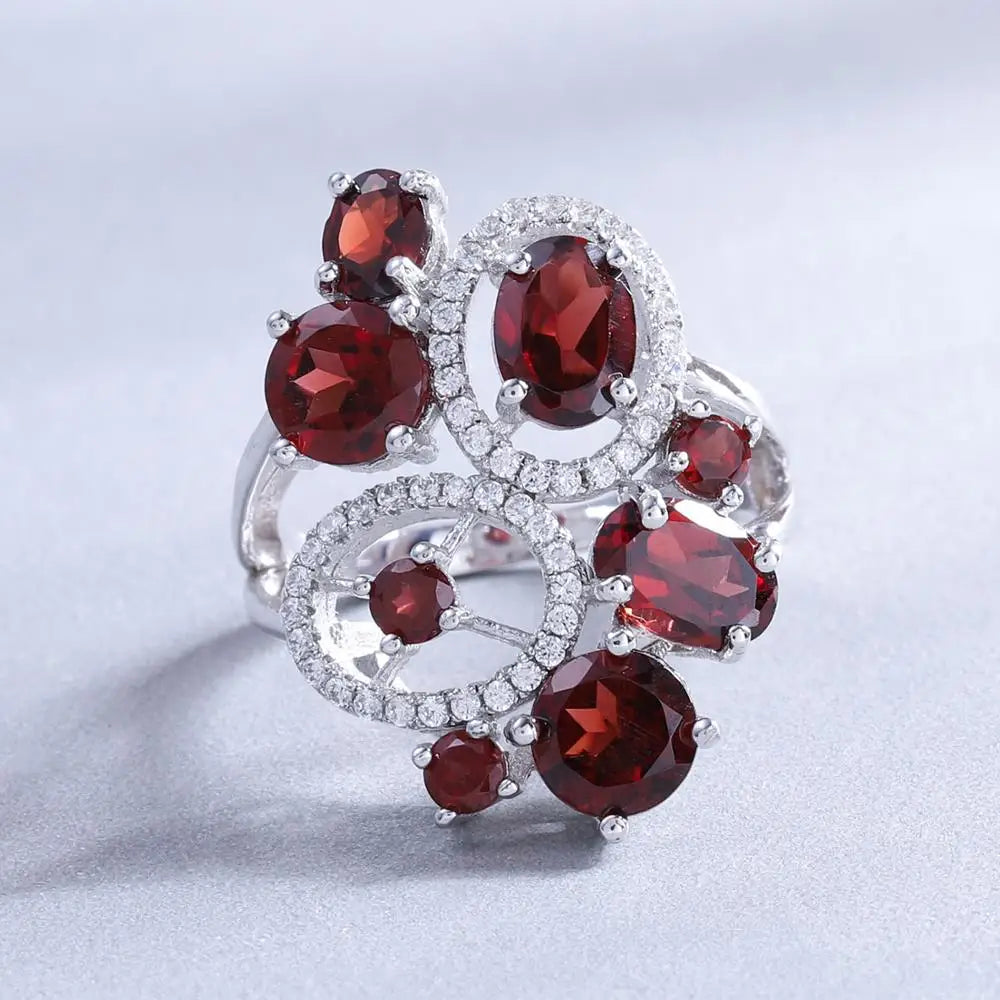 GEM'S BALLET Natural Red Garnet Vintage Flower Jewelry Set 925 Sterling Silver Gemstone Earrings Ring Set For Women Fine Jewelry