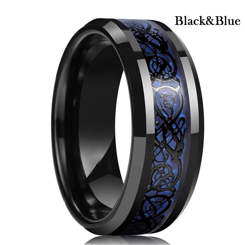 21 Colors 8mm Men's Stainless Steel Celtic Dragon Ring Inlay Red Green Black Carbon Fiber Ring Wedding Band Jewelry Size 6-13