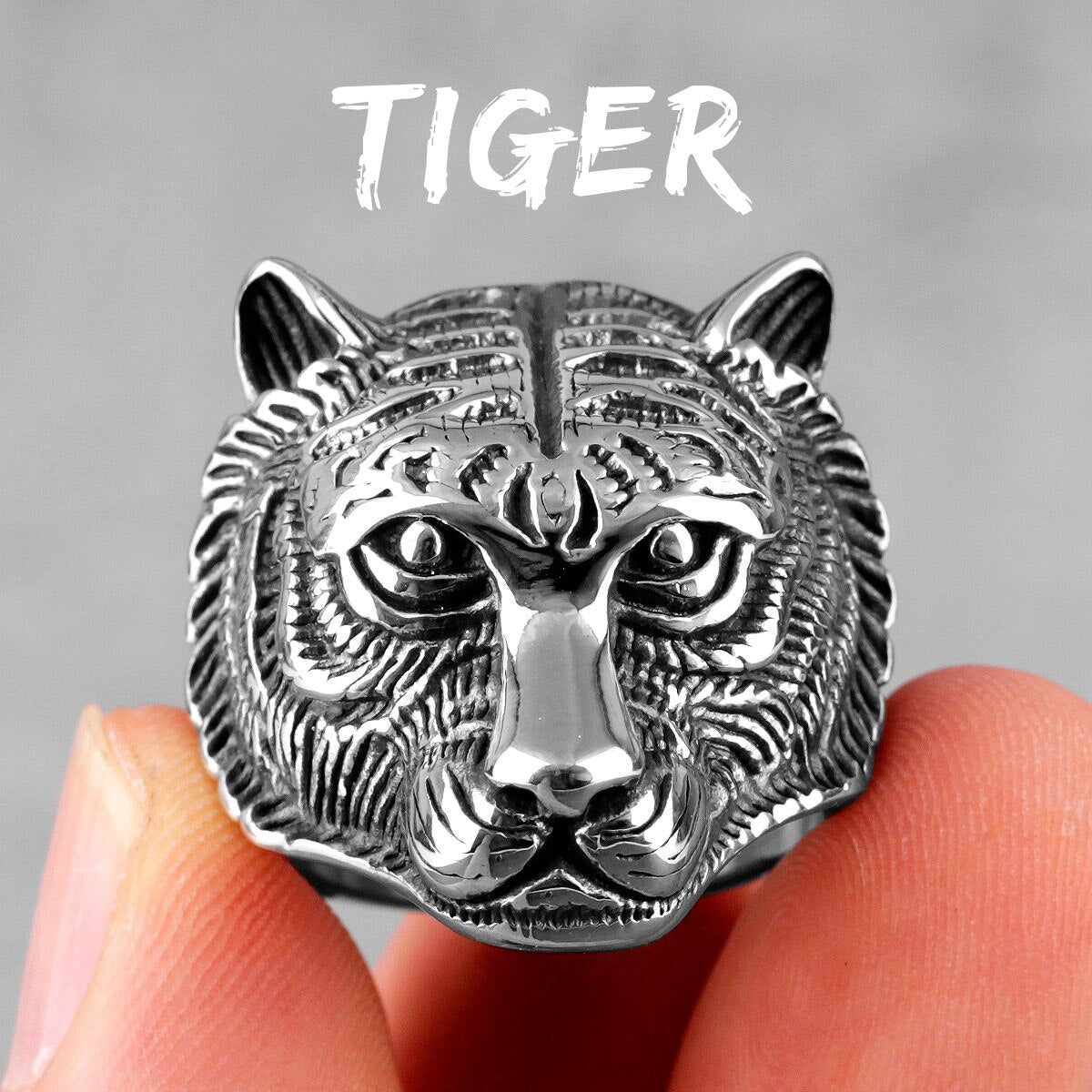 Domineering Tiger Animal Stainless Steel Mens Rings Punk Hip Hop for Male Boyfriend Biker Jewelry Creativity Gift R525-Silver