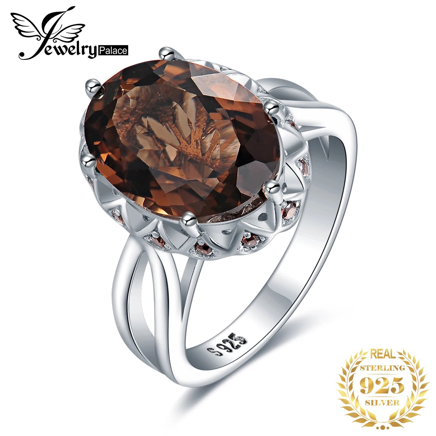 JewelryPalace Large 5.7ct Genuine Oval Smoky Quartz 925 Sterling Silver Big Gemstone Cocktail Statement Rings for Women Jewelry