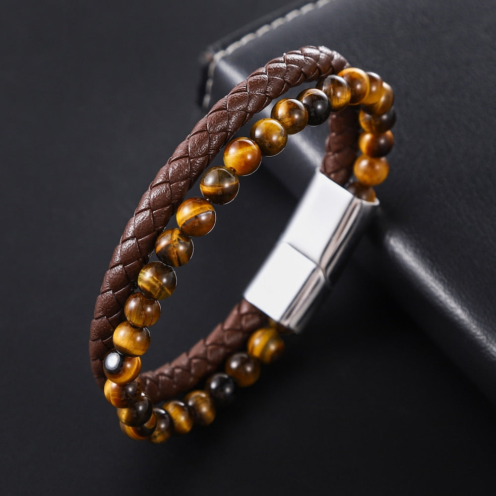 Men Yellow Tiger Eye Bracelet Many Styles Stainless Steel Magnetic Clasp Brown Genuine Leather Wrist Jewelry Handsome Boy Gifts