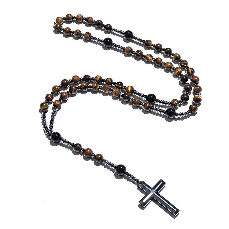 Natural Yellow Tiger Eyes Black Agate Beaded Catholic Christ Cross Pendant Necklace Men and Women Rosary Meditation Jewelry