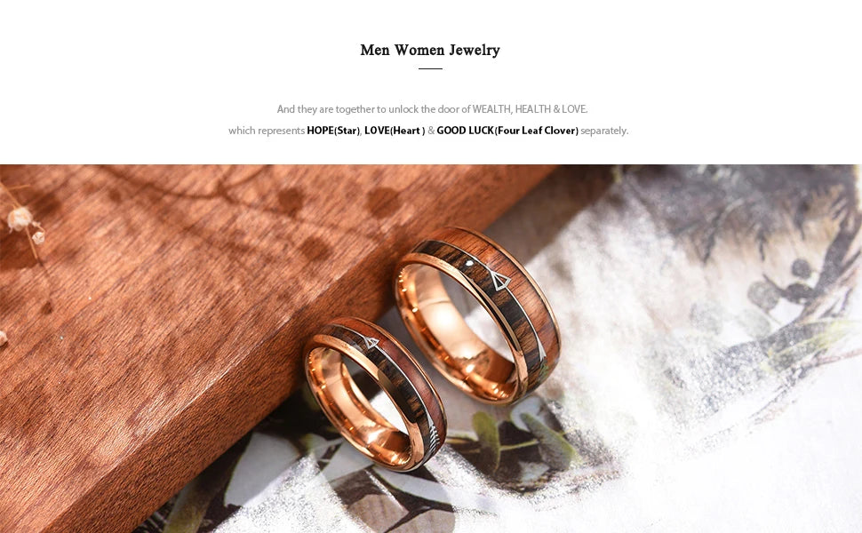 Luxury Mens 8mm Koa Wood Arrow Inlay Titanium Wedding Ring Viking Hunting Stainless Steel Engagement Ring Men Wedding Band Gift