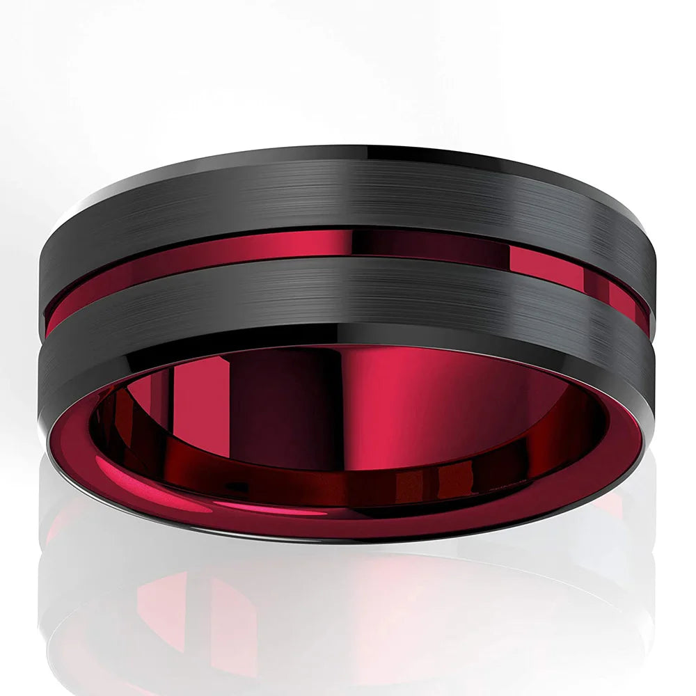 Classic Men's 8mm Black Tungsten Wedding Rings Double Groove Beveled Edge Brick Pattern Brushed Stainless Steel Rings For Men