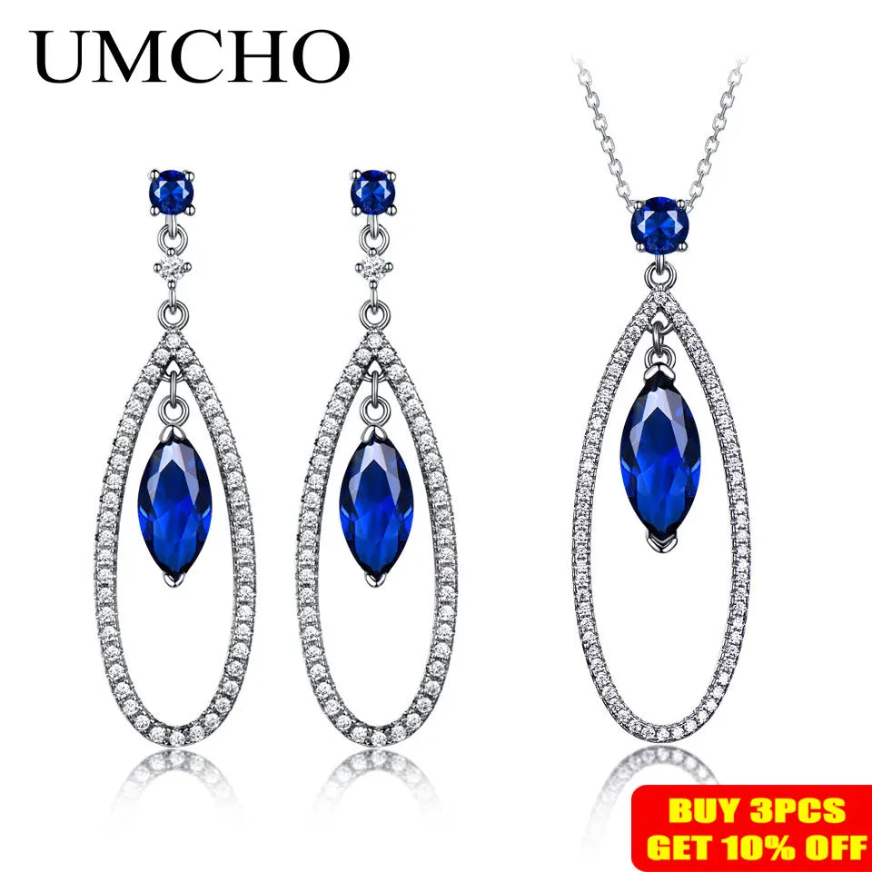 UMCHO 925 Sterling Silver Jewelry Sets Elegant Blue Sapphire Pendant Necklace Drop Earrings For Women Wedding Christmas Gift New