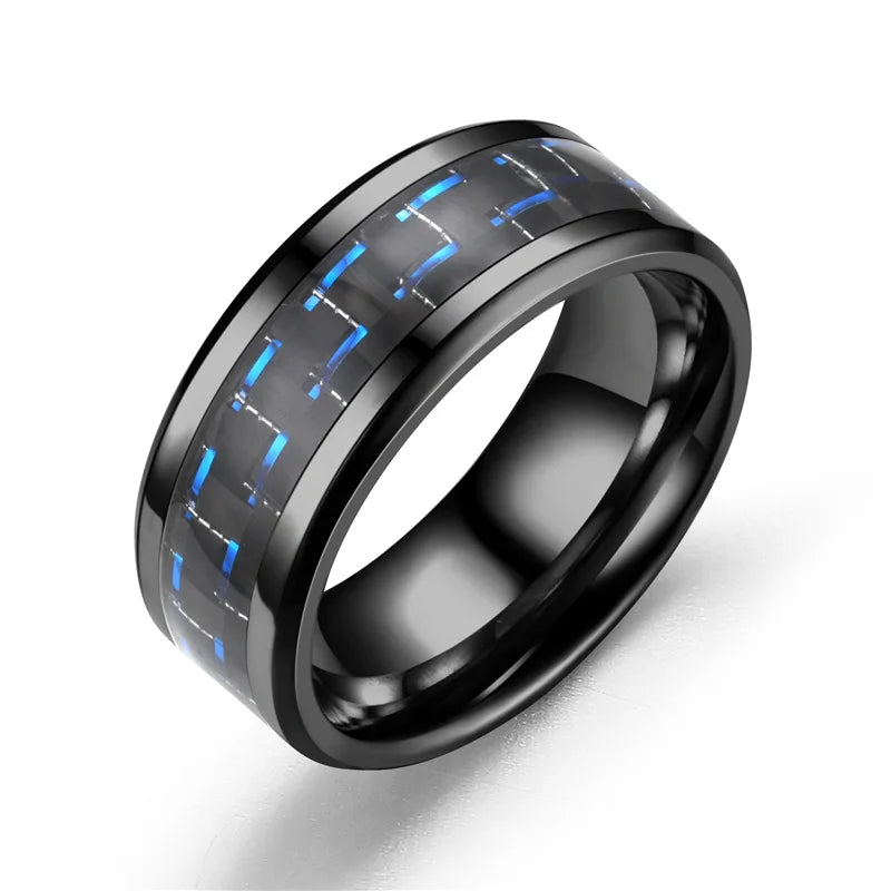 Fashion 8mm Black Stainless Steel Dragon Rings For Men Women Inlaid Blue Carbon Fiber Men Rings Punk Wedding Band Jewelry Gifts