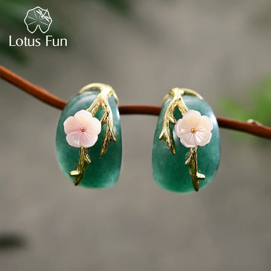 Lotus Fun Real 925 Sterling Silver Natural Aventurine Original Handmade Fine Jewelry Plum Flower Stud Earrings for Women Green Gold