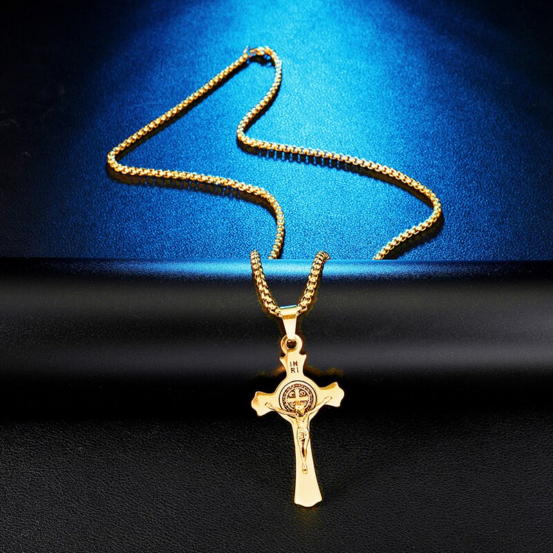 INRI Jesus Cross Necklaces Pendants Stainless Steel Exorcism St. Benedict Crucifix Necklace For Men Jewelry