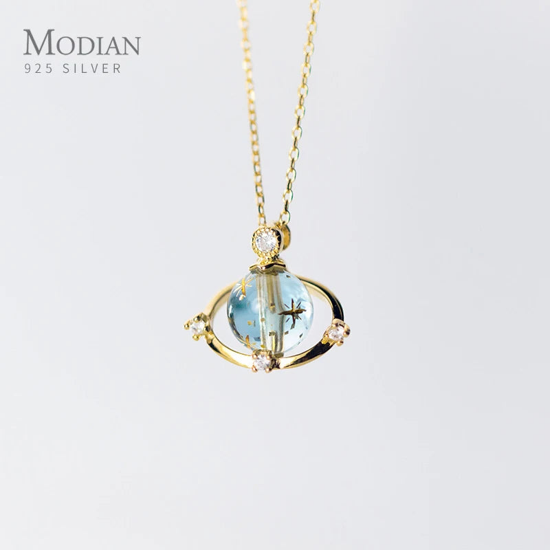 Modian Trendy Blue Crystal Planet Pendant Necklace for Women 100% 925 Sterling Silver Fashion Link Chain Necklace Fine Jewelry Default Title