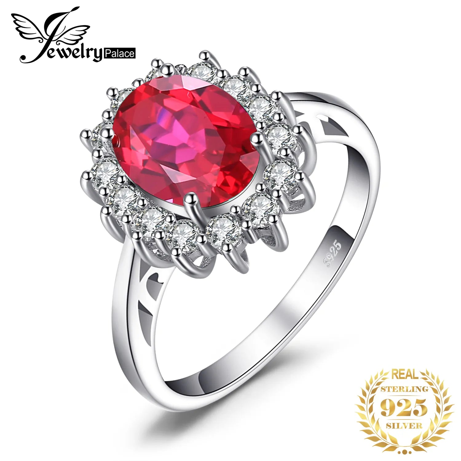 JewelryPalace Princess Diana 2.6ct Created Red Ruby 925 Sterling Silver Halo Ring for Women Engagement Gemstone Fine Jewelry