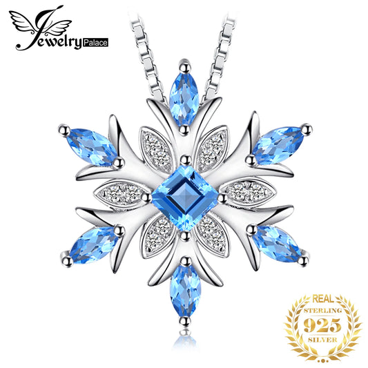 JewelryPalace Snowflake Natural Blue Topaz 925 Sterling Silver Pendant Necklace for Woman Gemstone Fine Jewelry Without Chain