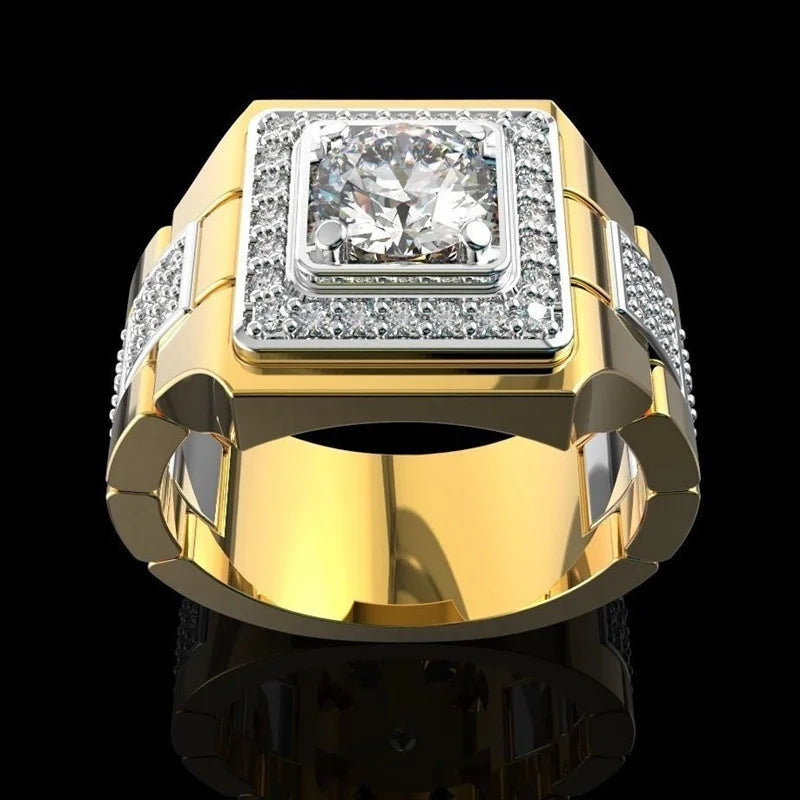 Luxurious Men's Full White Birthstone Crystal Rings Creative Watch Shaped Hip Hop Iced Out CZ Ring Luxury Wedding Band Jewelry
