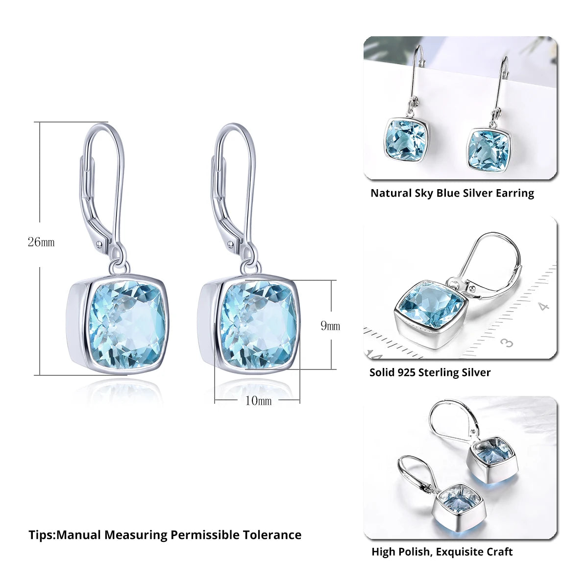 Natural Sky Blue Sterling Silver Drop Earring 5.4 Carats Genuine Topaz S925 Jewelry Simple Classic Style Party Anniversary