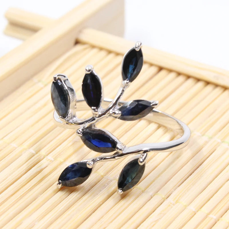 Classic Silver Leaf Ring 7 Pcs 3mm * 6mm Natural Dark Blue Sapphire Ring for Woman Real 925 Silver Sapphire Ring Romantic Gift