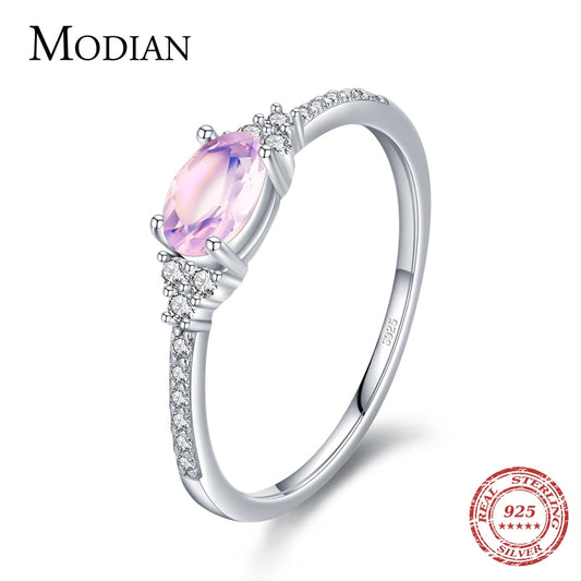 MODIAN 925 Sterling Silver Pink MoonStone Elegant Stackable Finger Ring Eternity Bands for Women Christmas Gifts Fine Jewelry 9