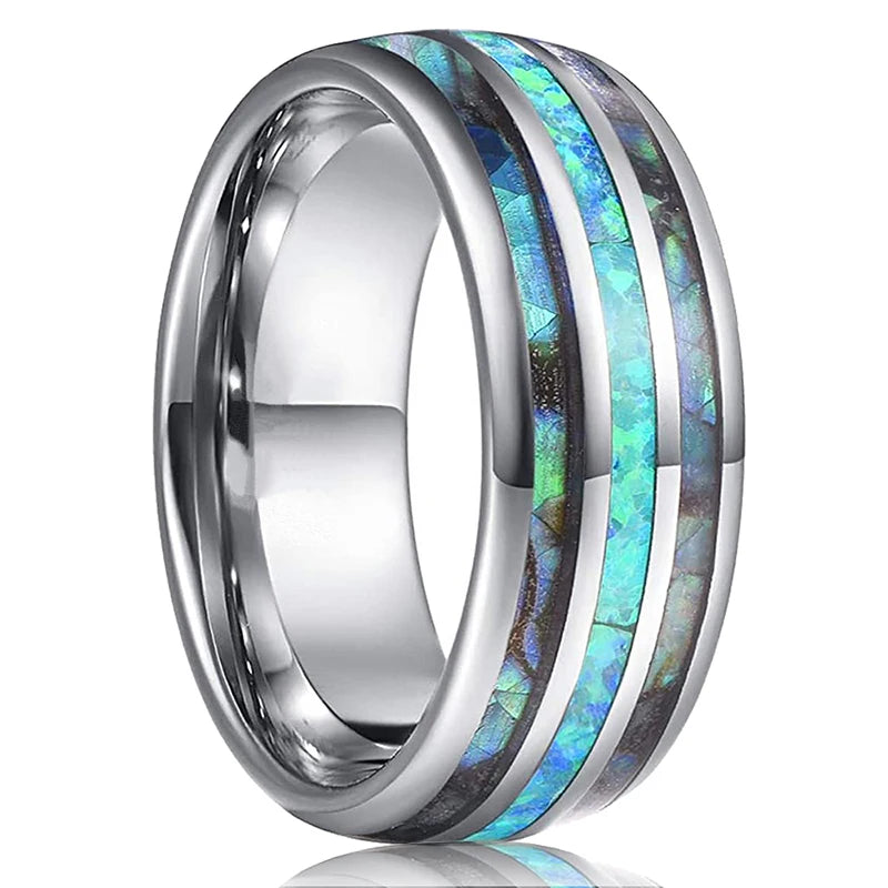 2025 Trendy 8mm Black Titanium Wedding Stainless Steel Rings For Men Inlay Colorful Abalone Shell Ring Men Wedding Band Jewelry