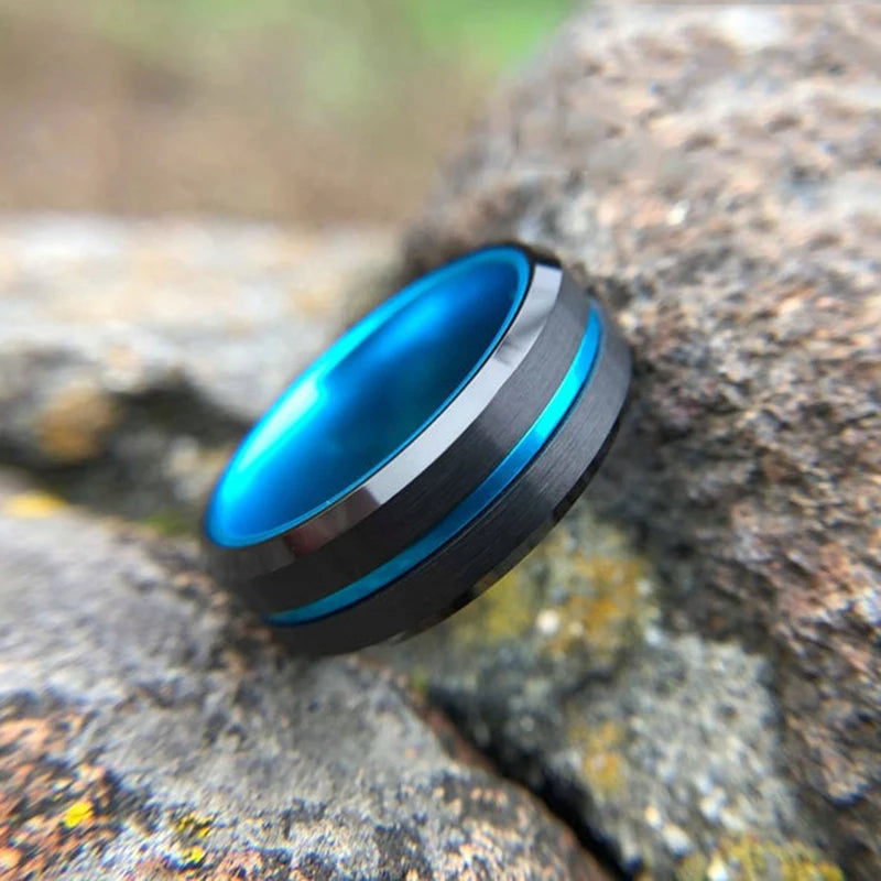 Fashion 8MM Men's Stainless Steel Rings Blue Red Colorful Groove Beveled Edge Wedding Engagement Ring Men's Anniversary Jewelry