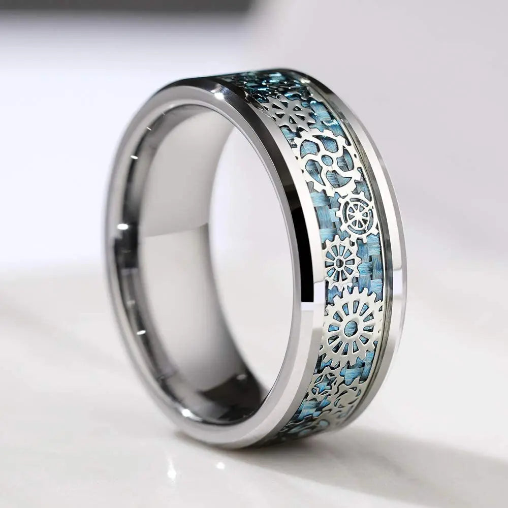 Classic Men's 8mm Black Tungsten Wedding Rings Double Groove Beveled Edge Brick Pattern Brushed Stainless Steel Rings For Men
