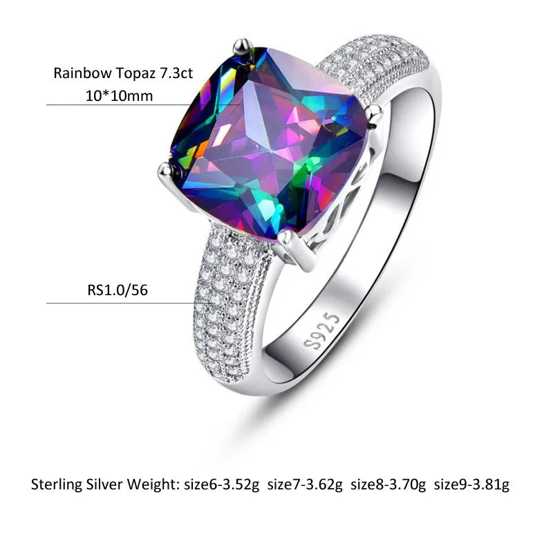 BONLAVIE Luxury 7.3ct Rainbow Fire Mystic Topazs Ring With AAA Crystal S925 Sterling Silver Jewelry Charm For Women Gift