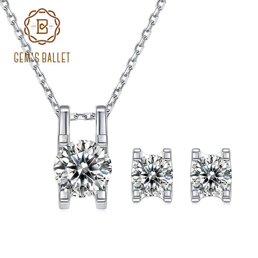 GEM'S BALLET Jewelry Set 925 Sterling Silver Moissanite Jewelry Women Round Shape Jewelry Earrings Pendant Moissanite Diamond
