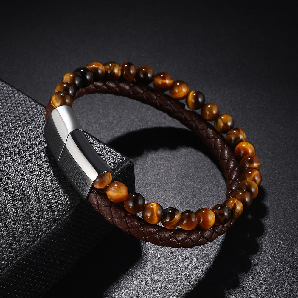 Men Yellow Tiger Eye Bracelet Many Styles Stainless Steel Magnetic Clasp Brown Genuine Leather Wrist Jewelry Handsome Boy Gifts