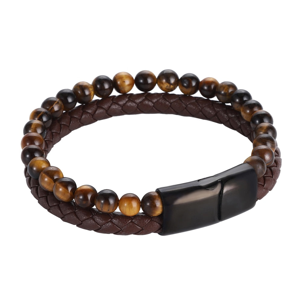 Men Yellow Tiger Eye Bracelet Many Styles Stainless Steel Magnetic Clasp Brown Genuine Leather Wrist Jewelry Handsome Boy Gifts Black
