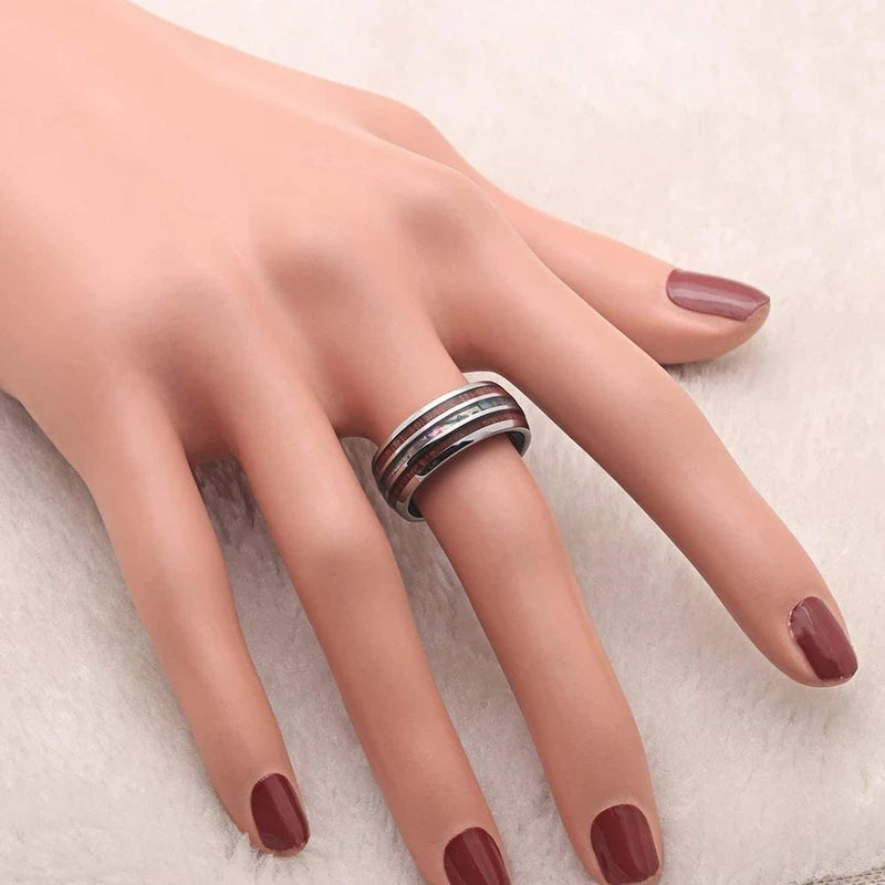 Fashion 8MM Rose Gold Color Stainless Steel Rings For Men Women Colorful Abalone Shell  Inlaid Men Rings Wedding Party Jewelry