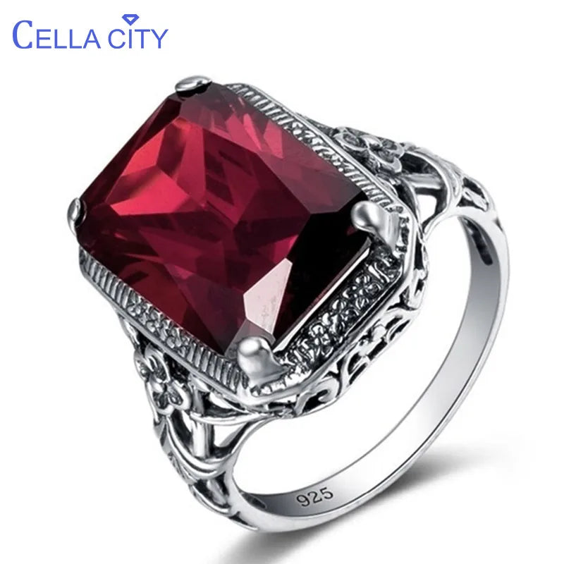 Cellacity Geometry Ruby Ring for Women Silver 925 Jewelry Rectangle Gemstones Luxury Design Female Anniversary Party Accessory