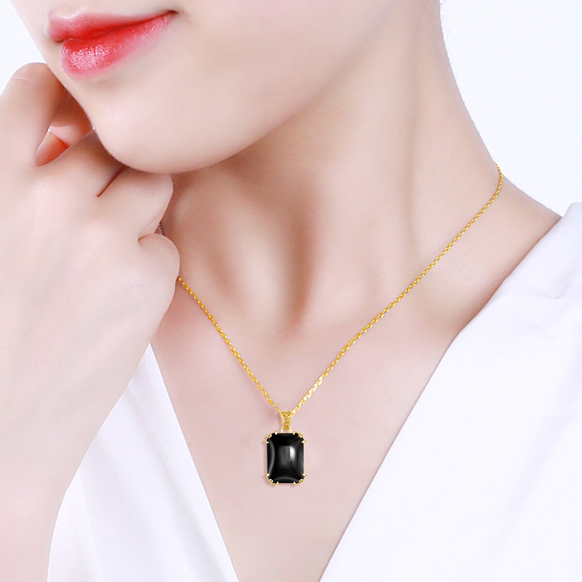 SILVERCHAKRA 585 14k Gold Color Necklaces Black Onyx Gemstones Pendant Necklace For Women 925 Sterling Silver Fine Jewelry