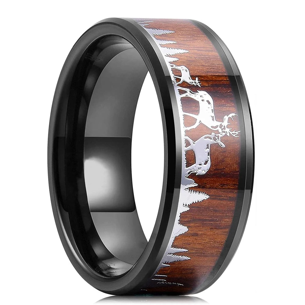 Fashion 8mm Deer Antler Black Titanium Stainles Steel Rings For Men Women Forest Elk Antler Ring Wedding Ring Men Wedding Band