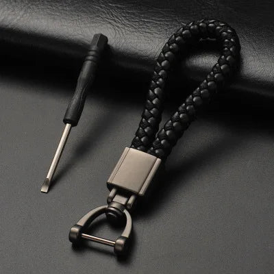 High-Grade Keychain for Men Women Rotatable Key Chain Luxury Hand Woven Leather Horseshoe Buckle Car Key Ring Holder Accessories Square Black