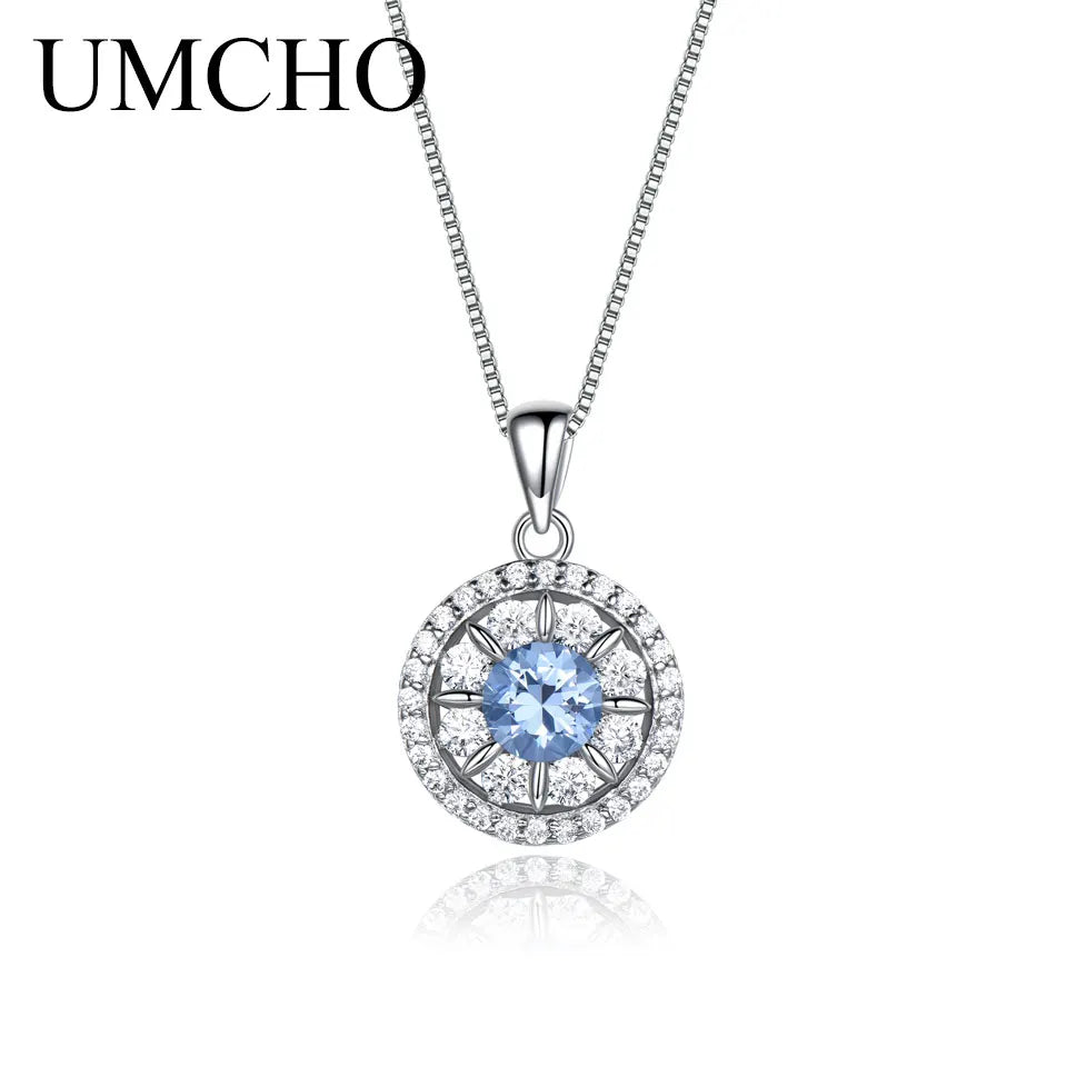 UMCHO 925 Sterling Silver Leaf Blue Pendant Necklace Gemstone For Girl Gift Women for Fine Jewelry