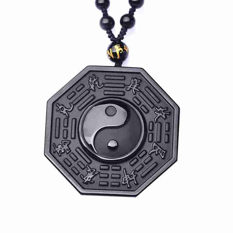 Natural Black Obsidian Hand Carved Chinese Dragon Phoenix BaGua Lucky Amulet Peace Mascot Pendant Necklace For Women Men