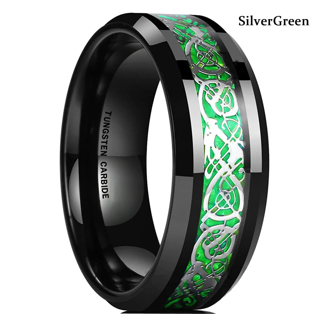 21 Colors 8mm Men's Stainless Steel Celtic Dragon Ring Inlay Red Green Black Carbon Fiber Ring Wedding Band Jewelry Size 6-13
