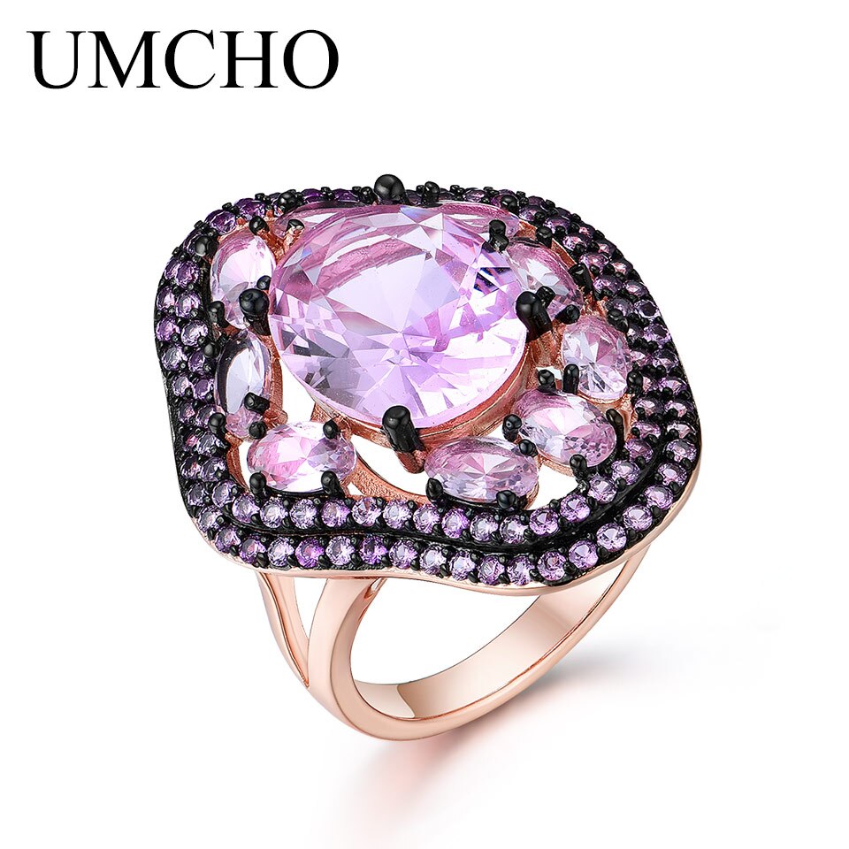 UMCHO 925 Silver Created Pink Morganite Rings for Women Stackable Wedding Statement Sterling Silver Fine Jewelry