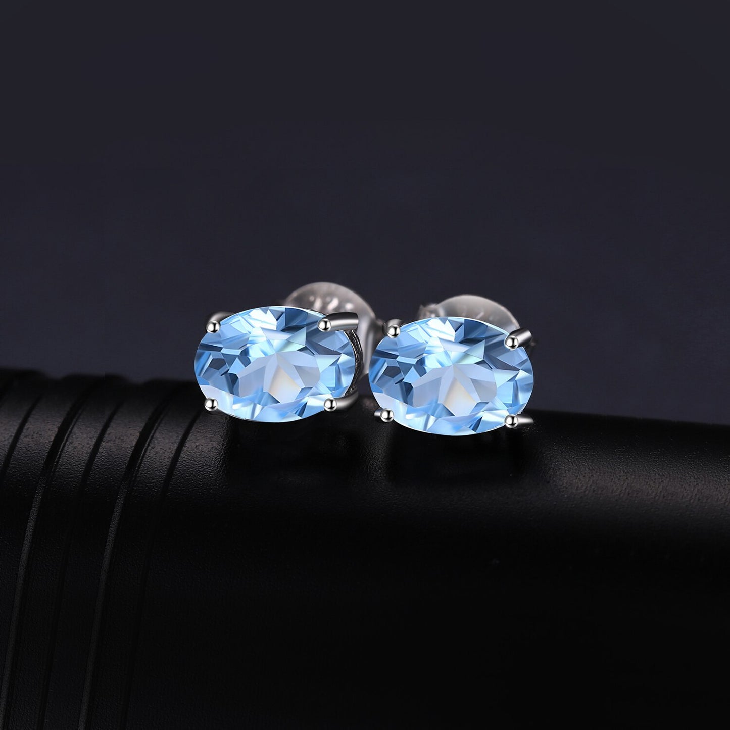 JewelryPalace Oval Genuine Natural Blue Topaz 925 Sterling Silver Stud Earrings for Women Fashion Statement Gemstone Jewelry