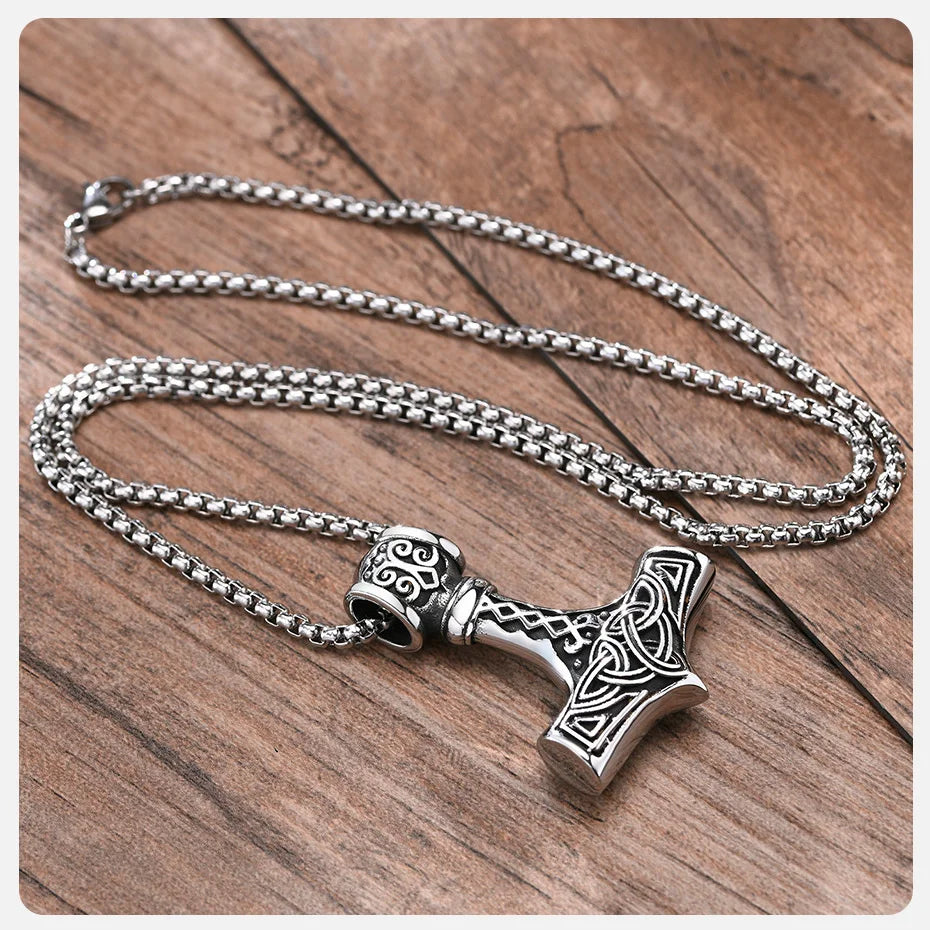 Vnox Vintage Men Norse Viking Necklaces,Rock Punk Retro Thor Mjolnir Hammer Pendant,Scandinavian Nodic Amulet Rune Neck Jewelry