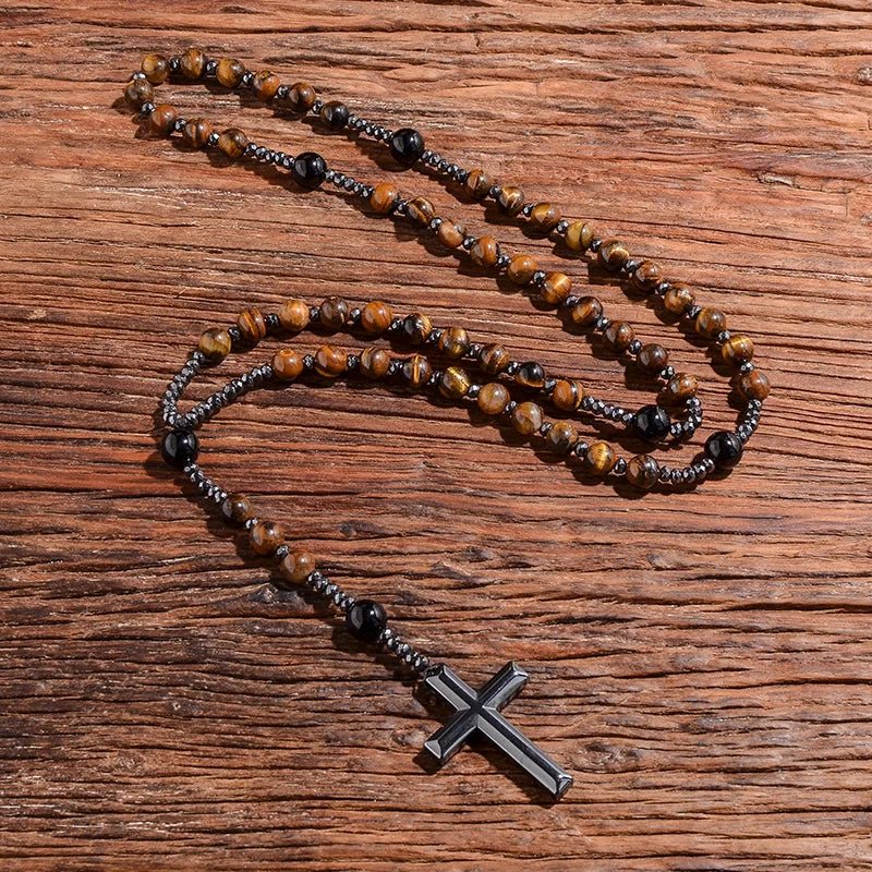 Natural Yellow Tiger Eyes Black Agate Beaded Catholic Christ Cross Pendant Necklace Men and Women Rosary Meditation Jewelry