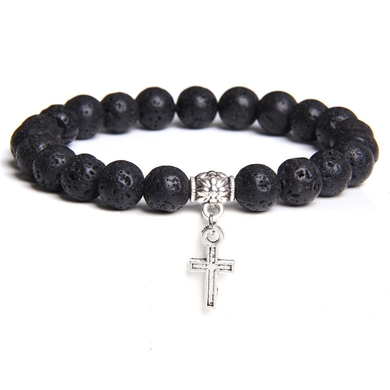 Natural Black Onyx Beads Bracelet Fashion Volcanic Lava Beaded Religion Cross Pendant Charm Bracelet for Women Men Yoga Jewelry Type 11