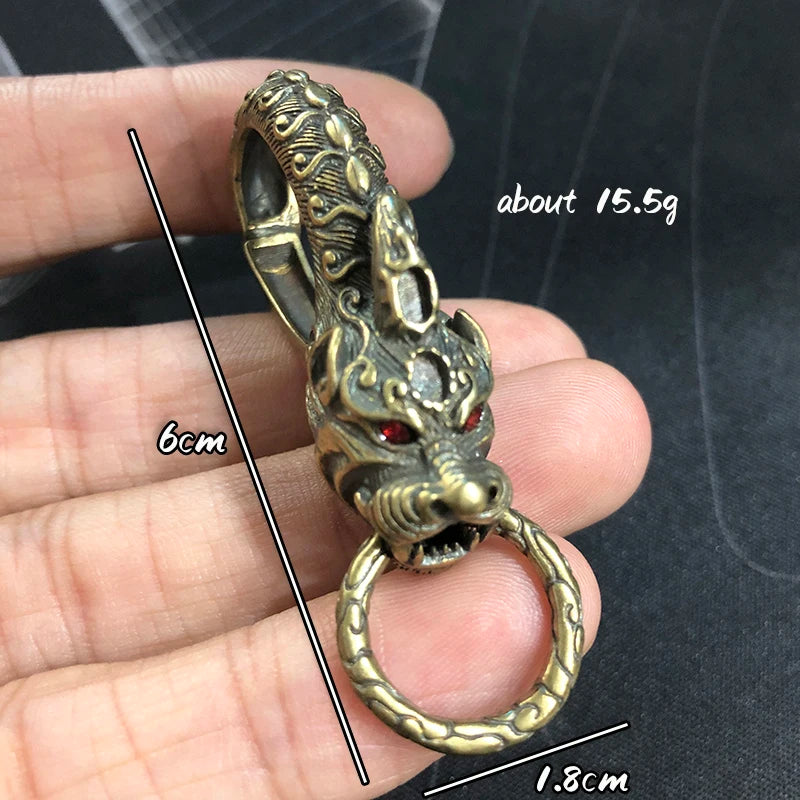 Retro Brass Lucky Keychain Red Eyes Beast Pixiu Head Key Holder DIY Car Keyring Accessories Luxury Brand EDC Carabiner Tool Gift