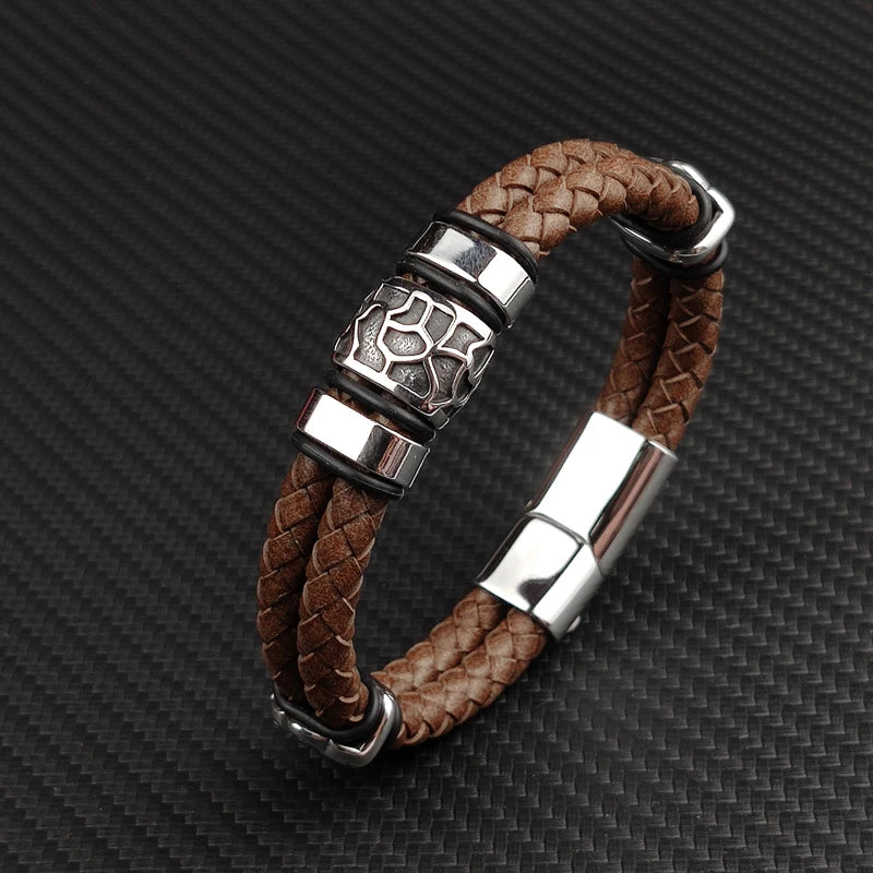 Brown Luxury 316L Stainless Steel Irregularly Cracked Man Bracelet Genuine Braided Leather Men's Jewelry Free Shipping Items
